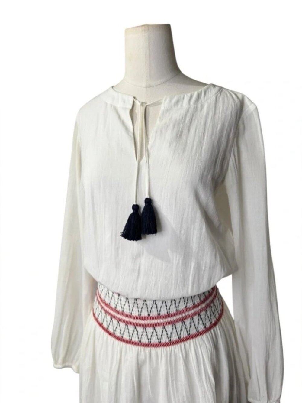Sail to Sable White Boho Tassel Dress | Smocked Waist Long Sleeve Mini - Picture 5 of 10